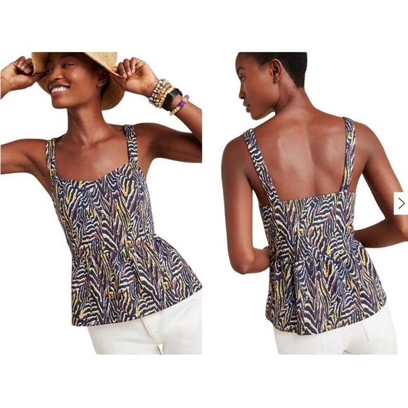 Anthropologie Jaime Zebra Peplum Tank Top S Animal Print Square Neck Sleeveless - Picture 1 of 7